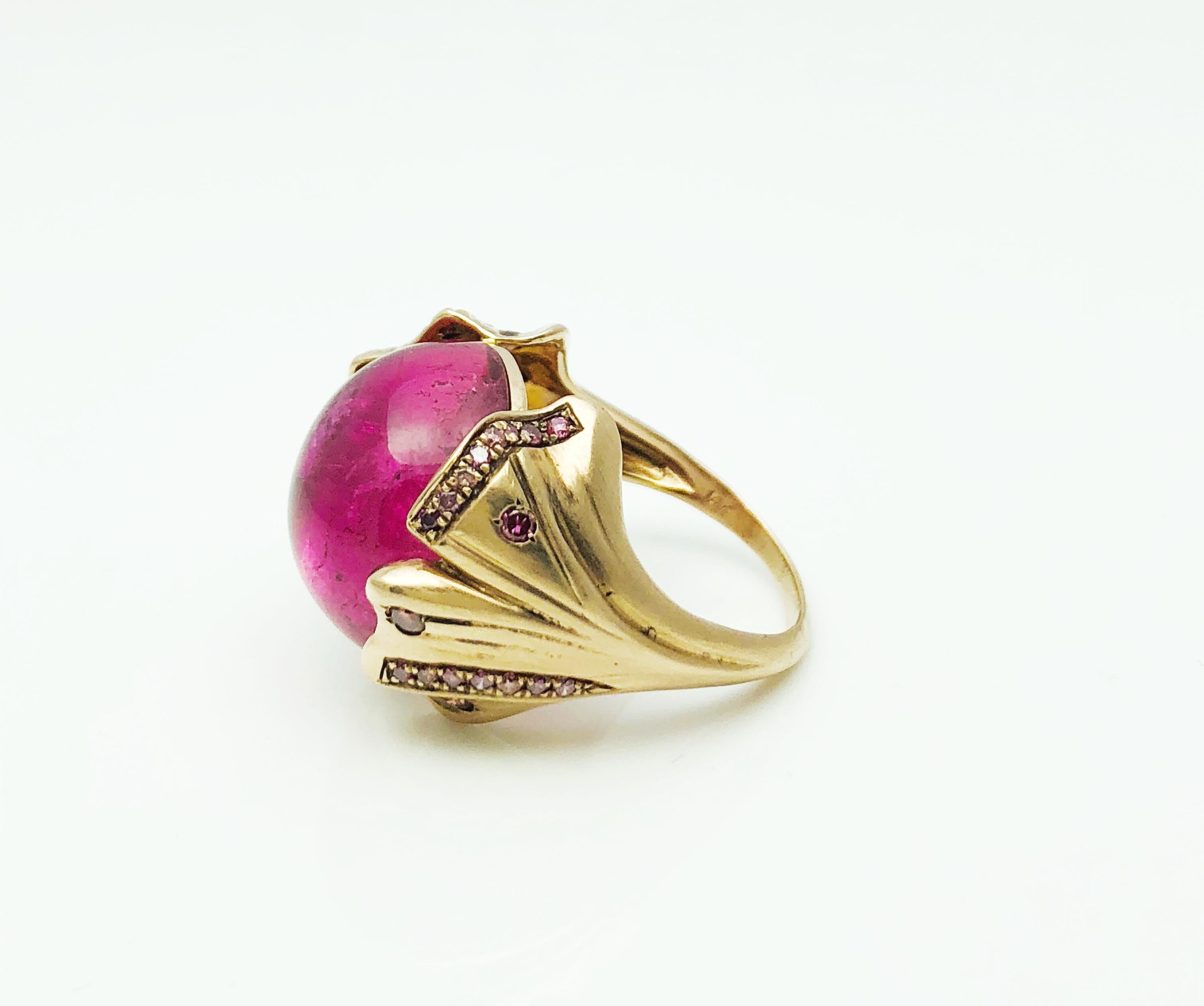 Modern Designer Babette Shennan Rubelite Tourmaline & 14K Gold Ginkgo Collection Ring