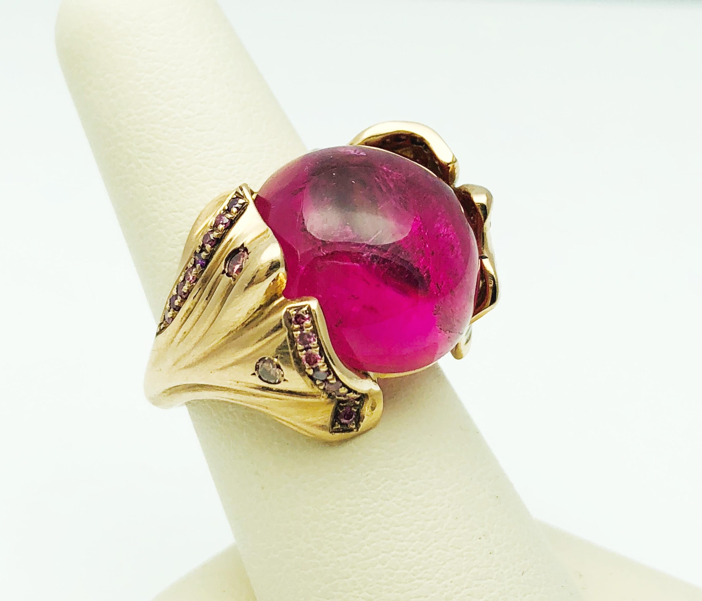 Designer Babette Shennan Rubelite Tourmaline & 14K Gold Ginkgo Collection Ring 1