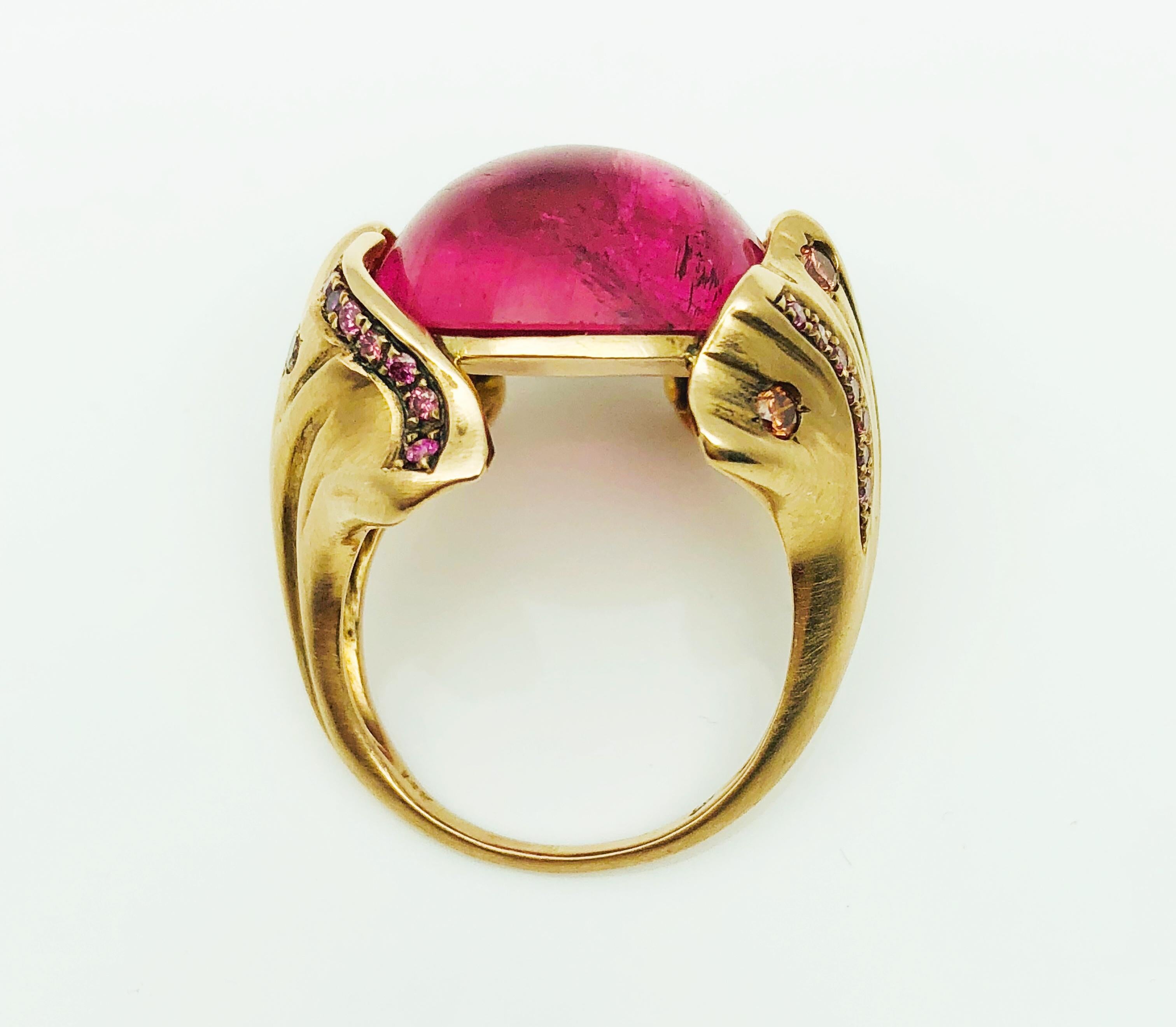 Designer Babette Shennan Rubelite Tourmaline & 14K Gold Ginkgo Collection Ring 2