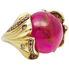 Designer Babette Shennan Rubelite Tourmaline & 14K Gold Ginkgo Collection Ring