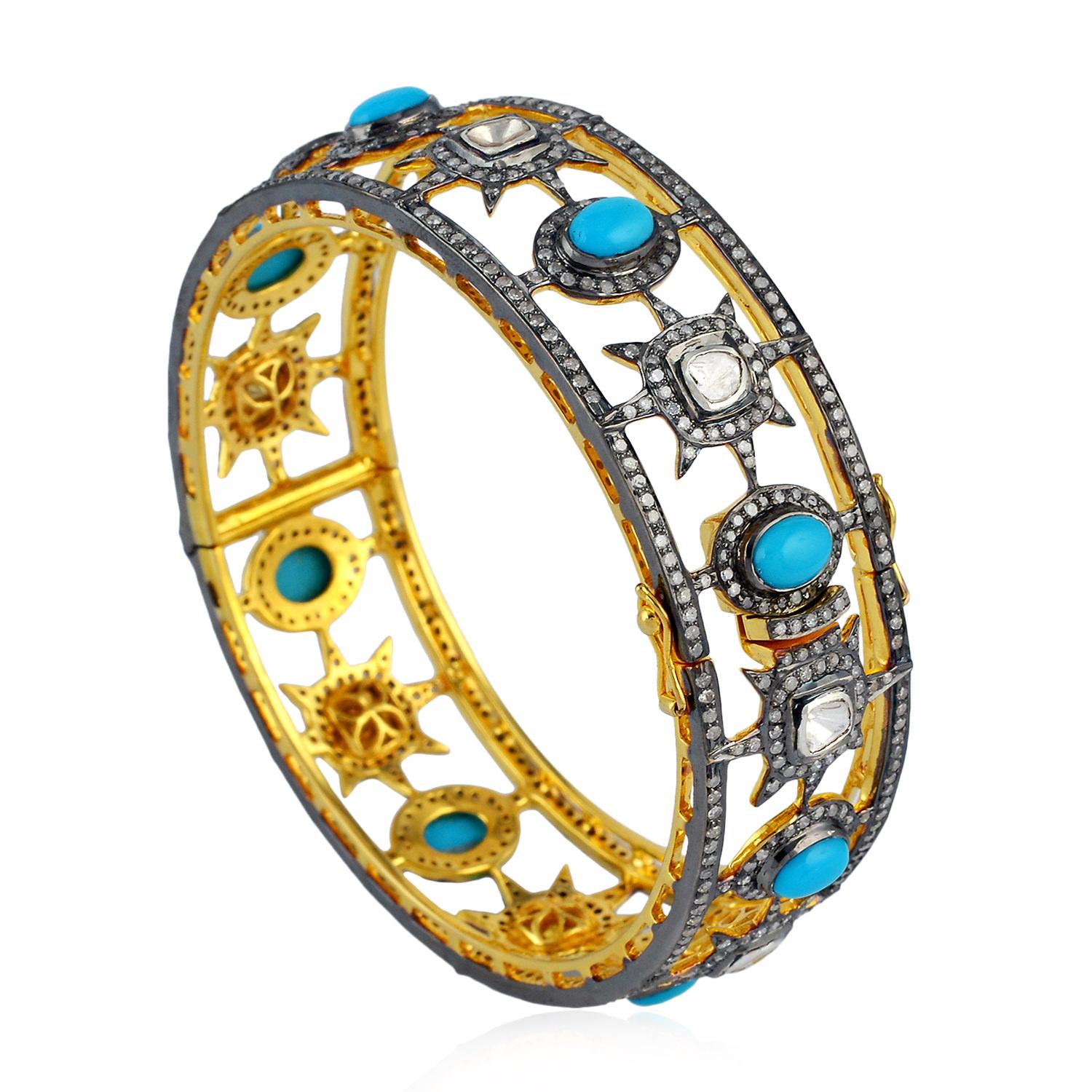 Modern Designer Bangle with Diamond and Turquoise Surrounded by Pave Diamonds For Sale