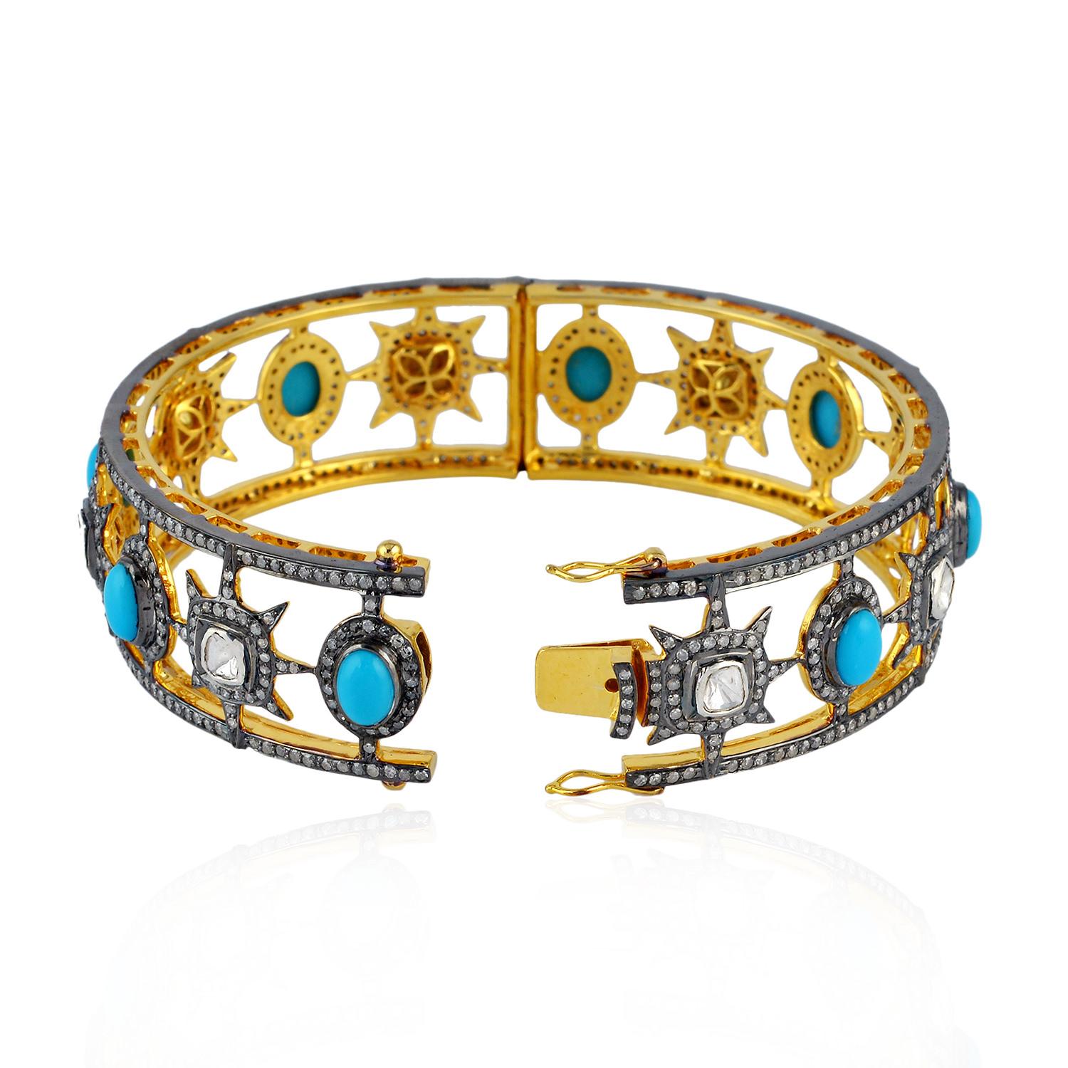 Rose Cut Designer Bangle with Diamond and Turquoise Surrounded by Pave Diamonds For Sale