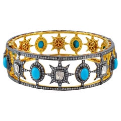 Designer Bangle with Diamond and Turquoise Surrounded by Pave Diamonds