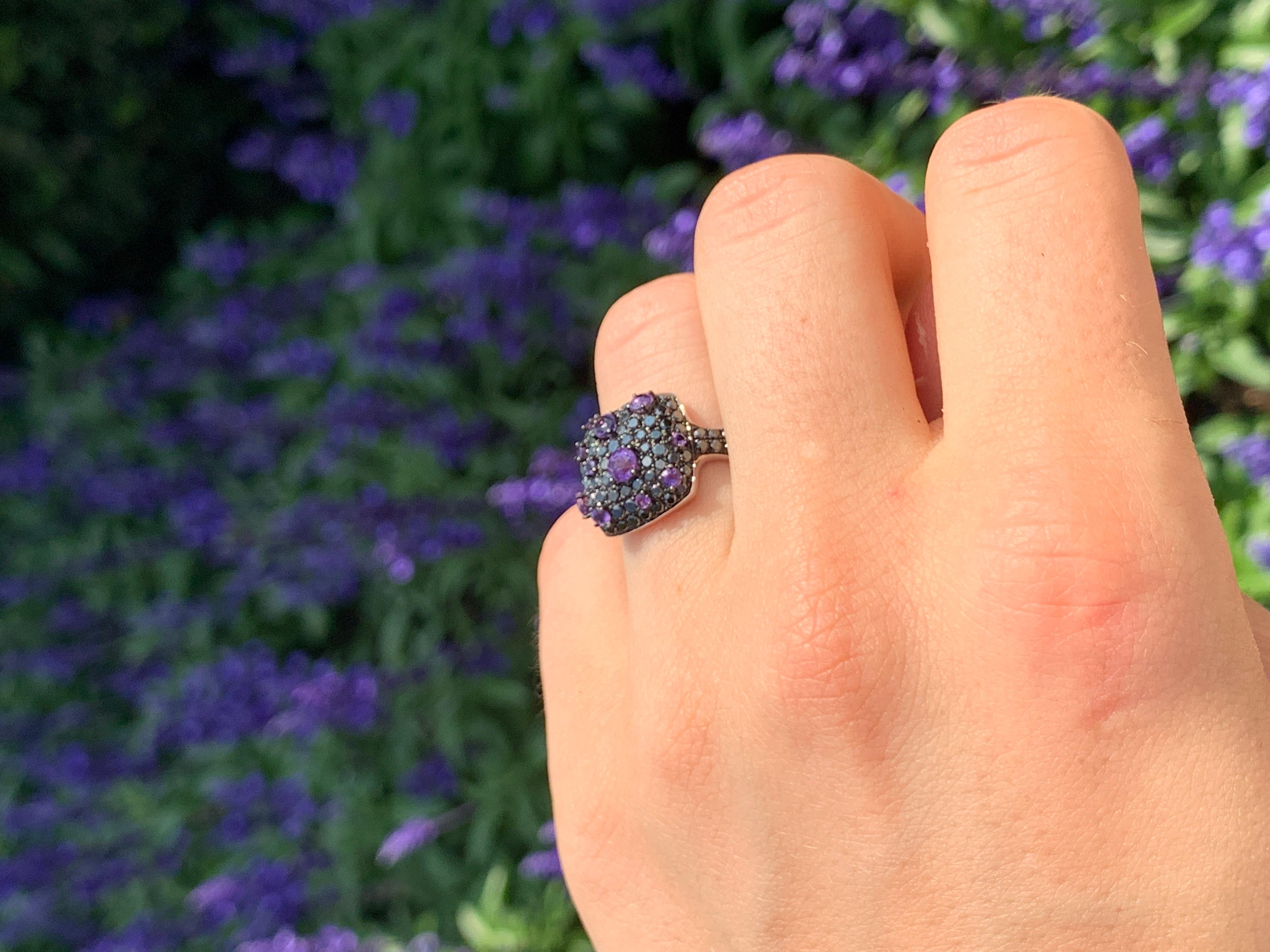 Modern Designer Black Diamond Purple Amethyst White 18 Karat Gold Ring