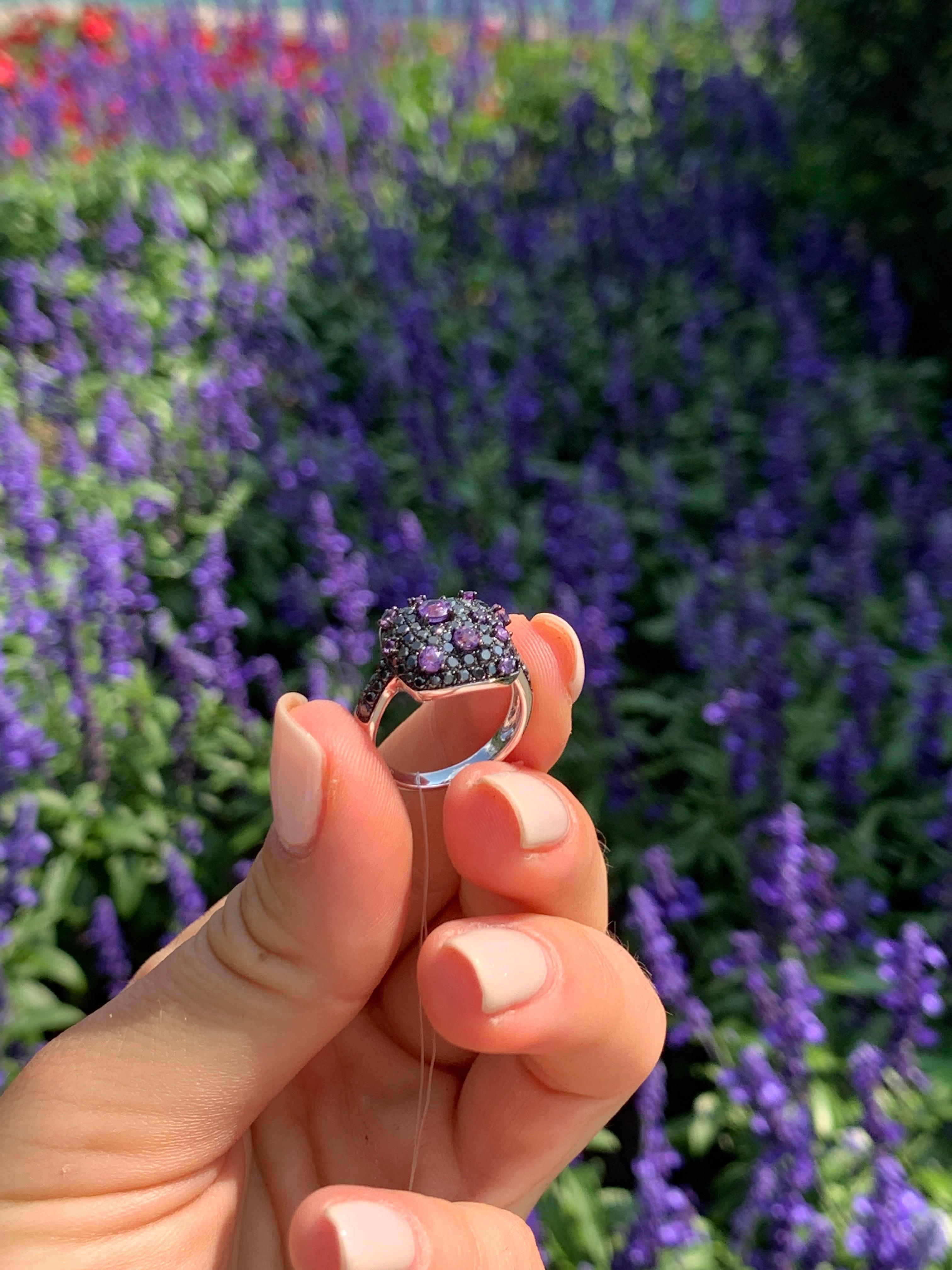 Designer Black Diamond Purple Amethyst White 18 Karat Gold Ring In New Condition In Montreux, CH