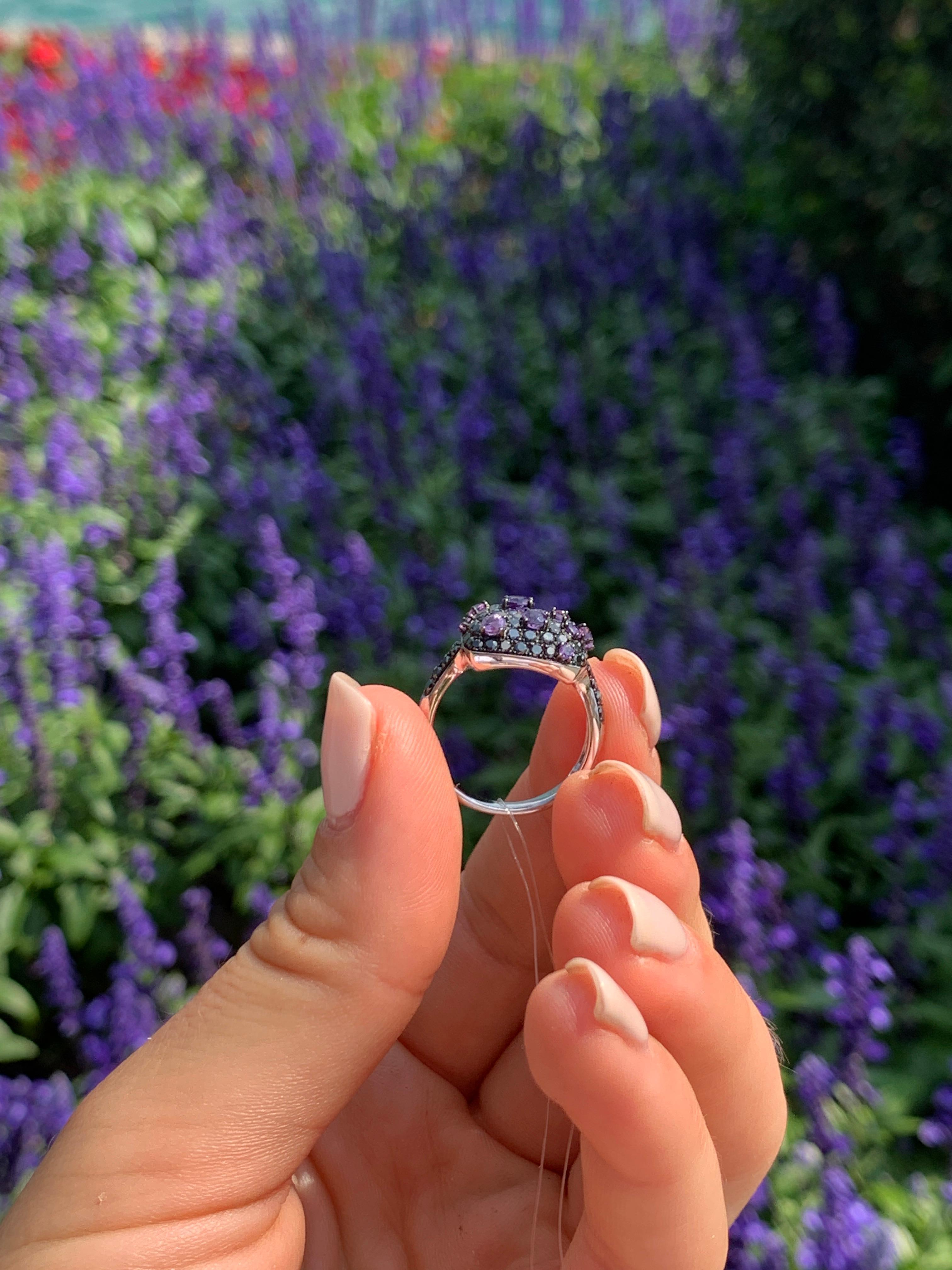 Women's Designer Black Diamond Purple Amethyst White 18 Karat Gold Ring