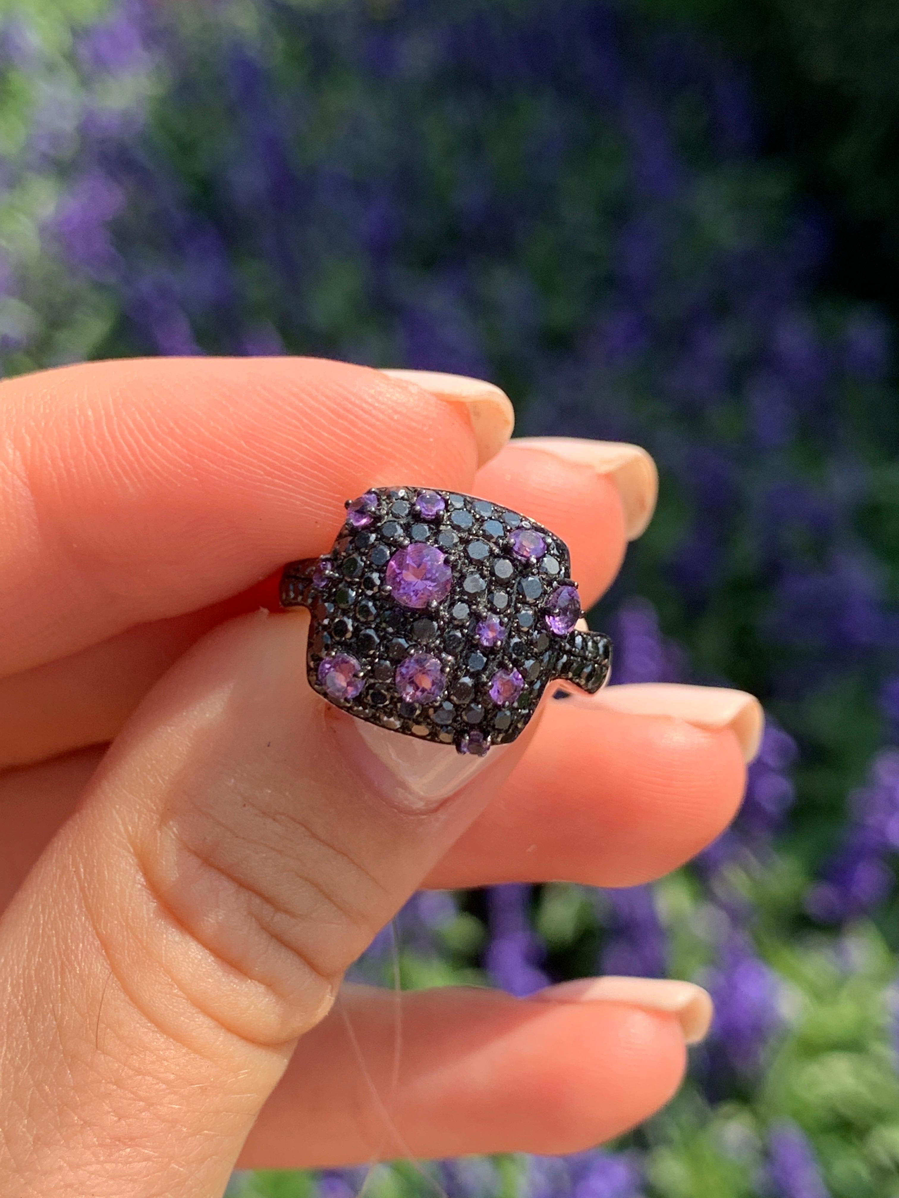 Designer Black Diamond Purple Amethyst White 18 Karat Gold Ring 1