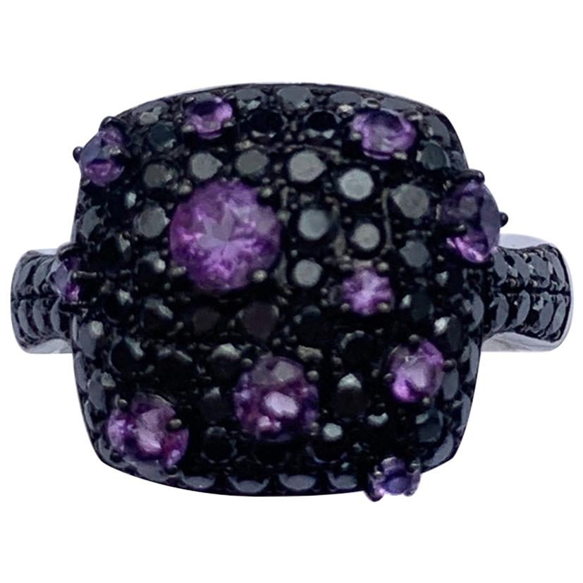Designer Black Diamond Purple Amethyst White 18 Karat Gold Ring