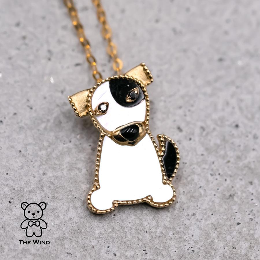 Brilliant Cut Designer Black White Dog Mother of Pearl & Black Agate Necklace 18k Yellow Gold For Sale