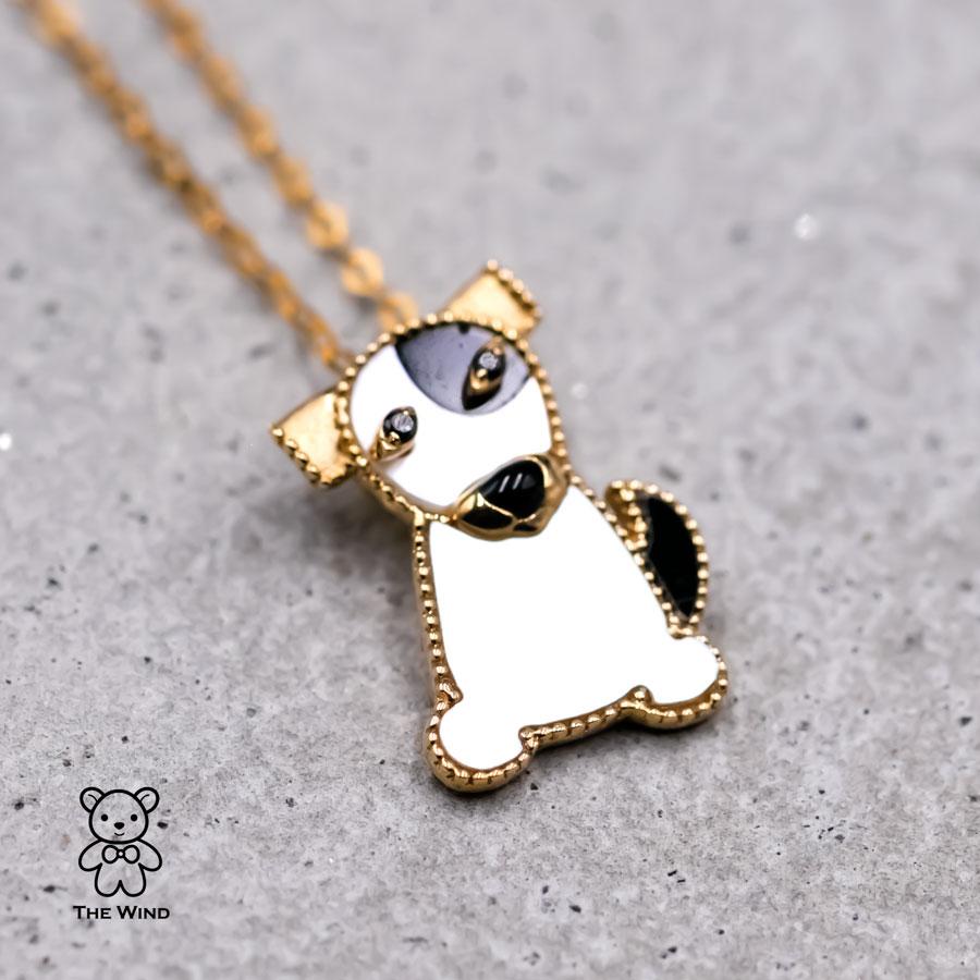 Designer Black White Dog Mother of Pearl & Black Agate Necklace 18k Yellow Gold In New Condition For Sale In Suwanee, GA
