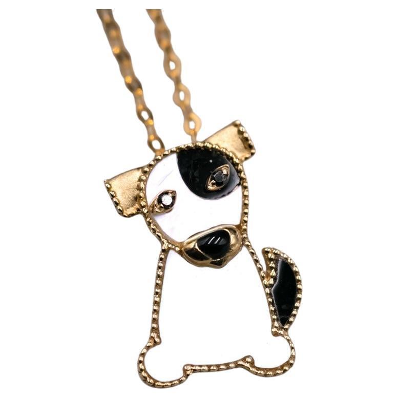 Designer Black White Dog Mother of Pearl & Black Agate Necklace 18k Yellow Gold For Sale