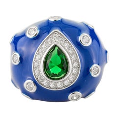 Designer Blue Enamel Cocktail Bohemian Silver Ring with Green and White Stones
