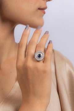 Designer Blue Sapphire and Diamond Cocktail Ring in 18k Solid Yellow Gold