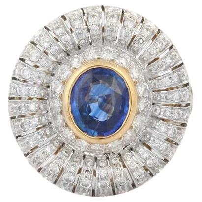 Designer Blue Sapphire and Diamond Cocktail Ring in 18k Solid Yellow Gold