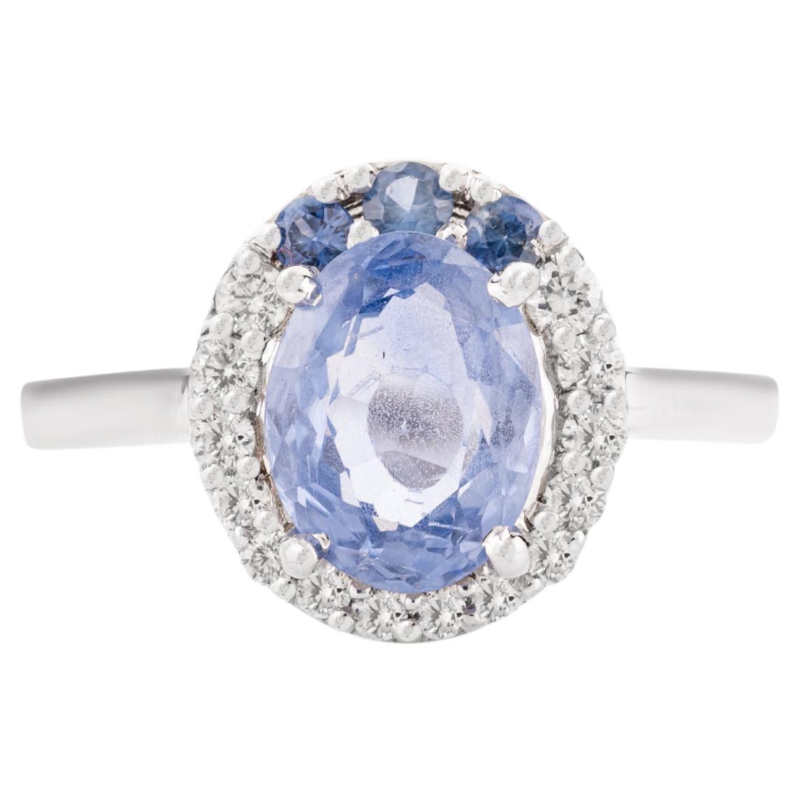 Designer Blue Sapphire and Diamond Engagement Ring in 14k Solid White Gold
