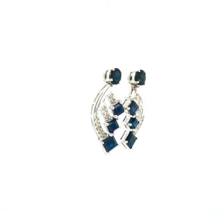 Art Deco Designer Blue Sapphire and Diamond Stud Earrings in Sterling Silver For Sale