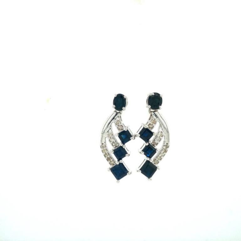 Mixed Cut Designer Blue Sapphire and Diamond Stud Earrings in Sterling Silver Gift for Mom For Sale
