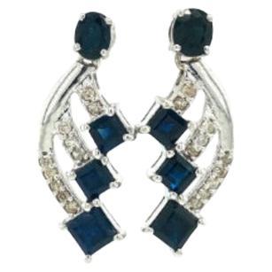 Designer Blue Sapphire and Diamond Stud Earrings in Sterling Silver