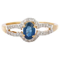 Simple Sapphire Diamond Engagement Ring in 18K Solid Yellow Gold