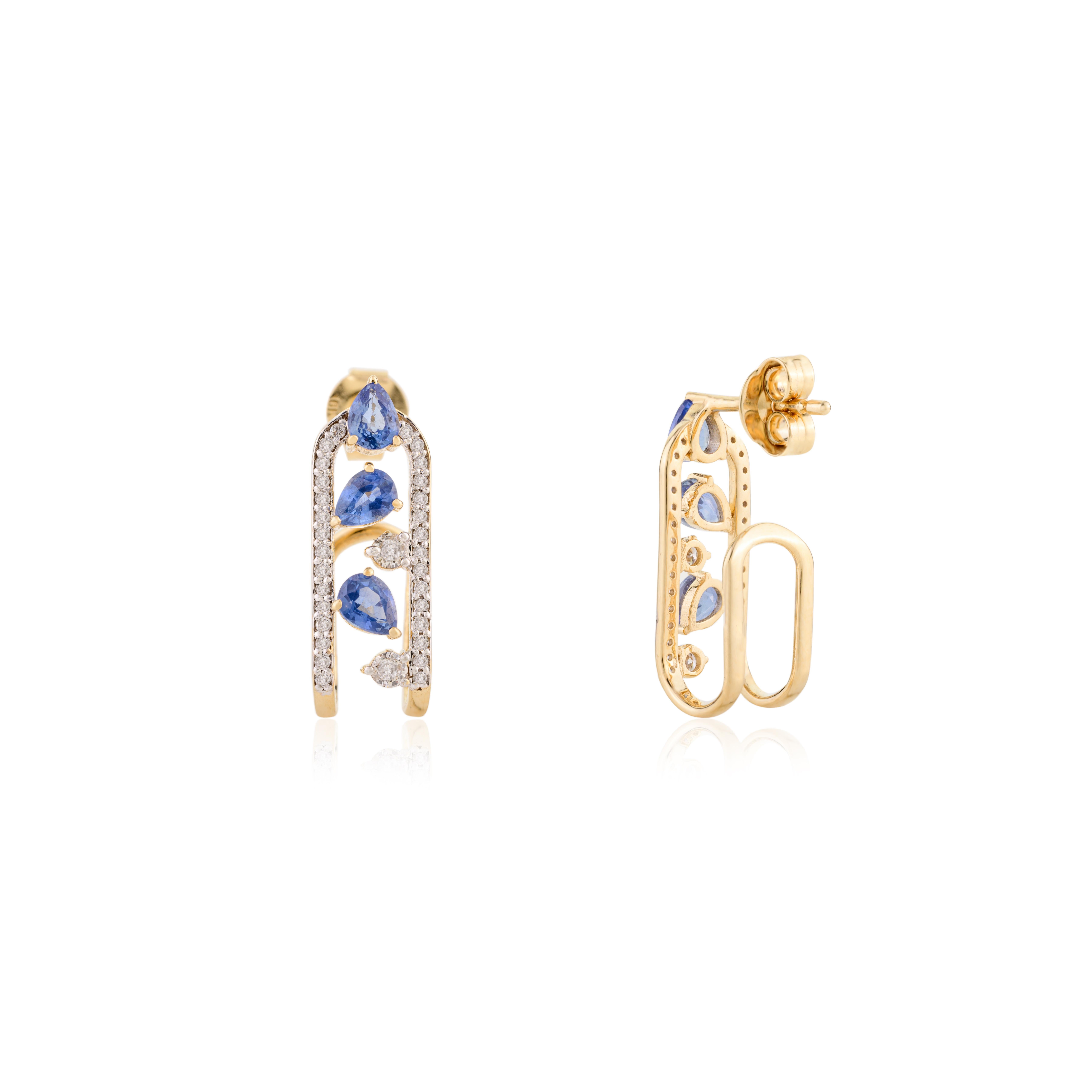 Modern Designer Blue Sapphire U Shape Wedding Earrings with Diamonds in 18k Yellow Gold For Sale