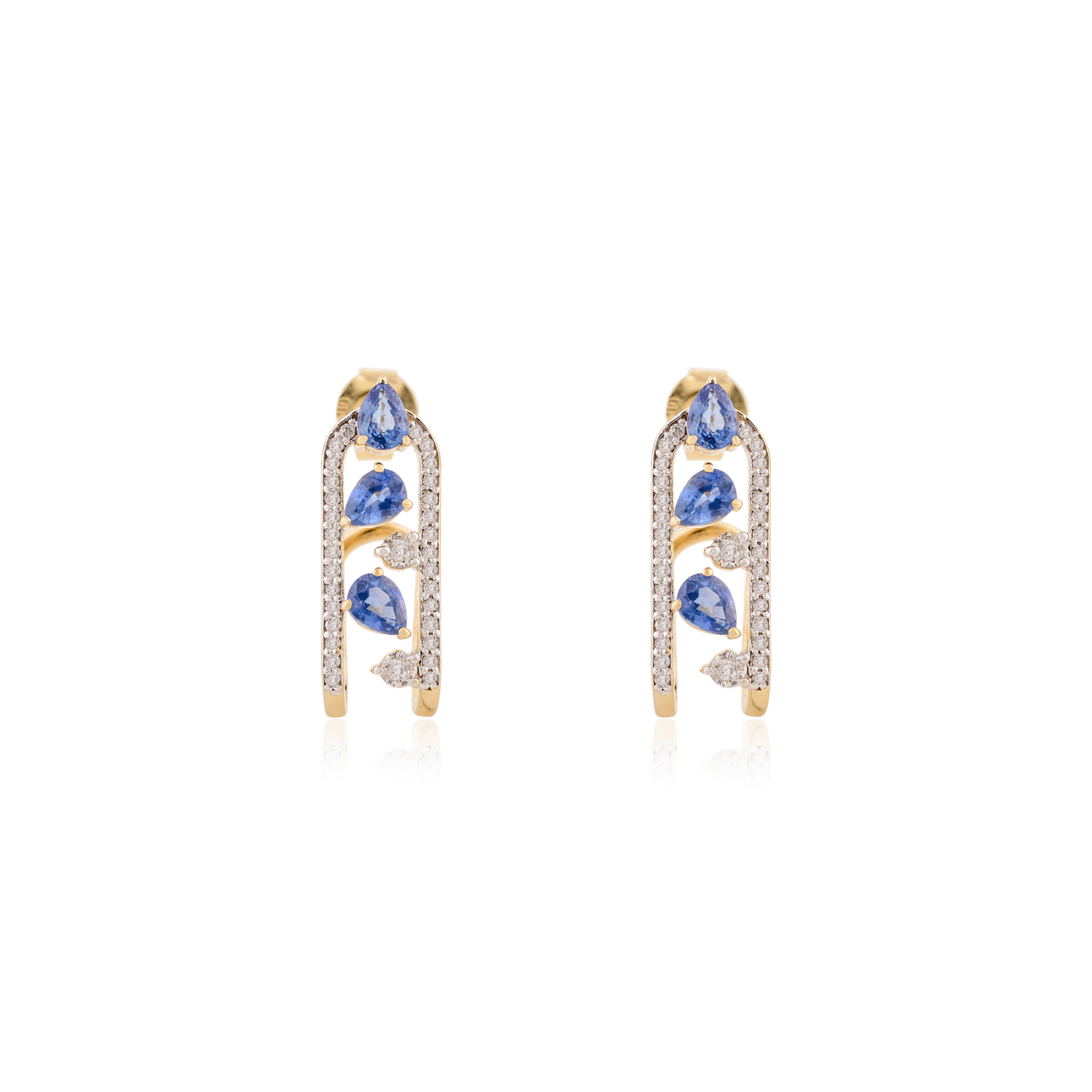 Designer Blue Sapphire U Shape Wedding Earrings with Diamonds in 18k Yellow Gold In New Condition For Sale In New York, NY