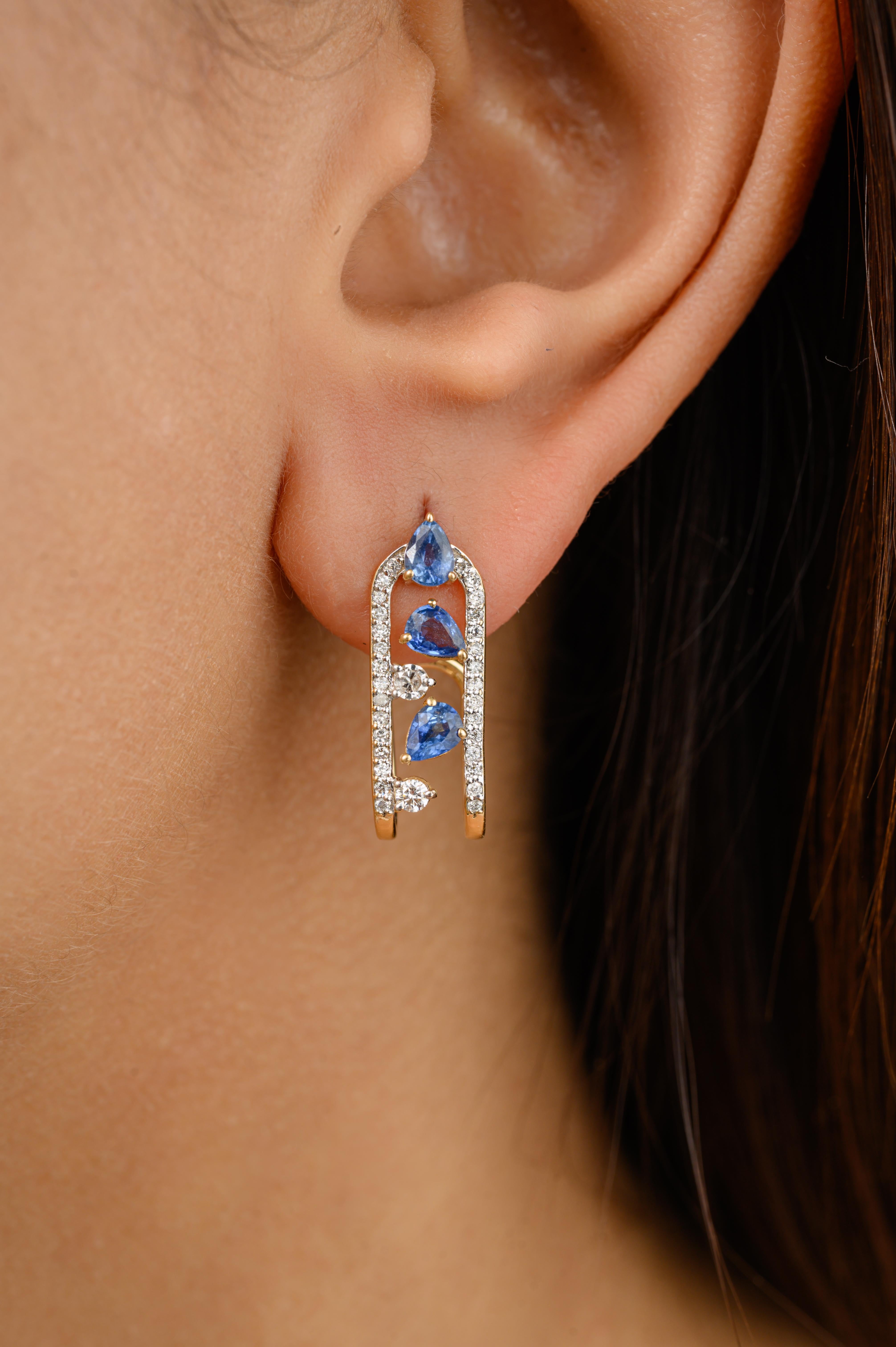 Women's Designer Blue Sapphire U Shape Wedding Earrings with Diamonds in 18k Yellow Gold For Sale