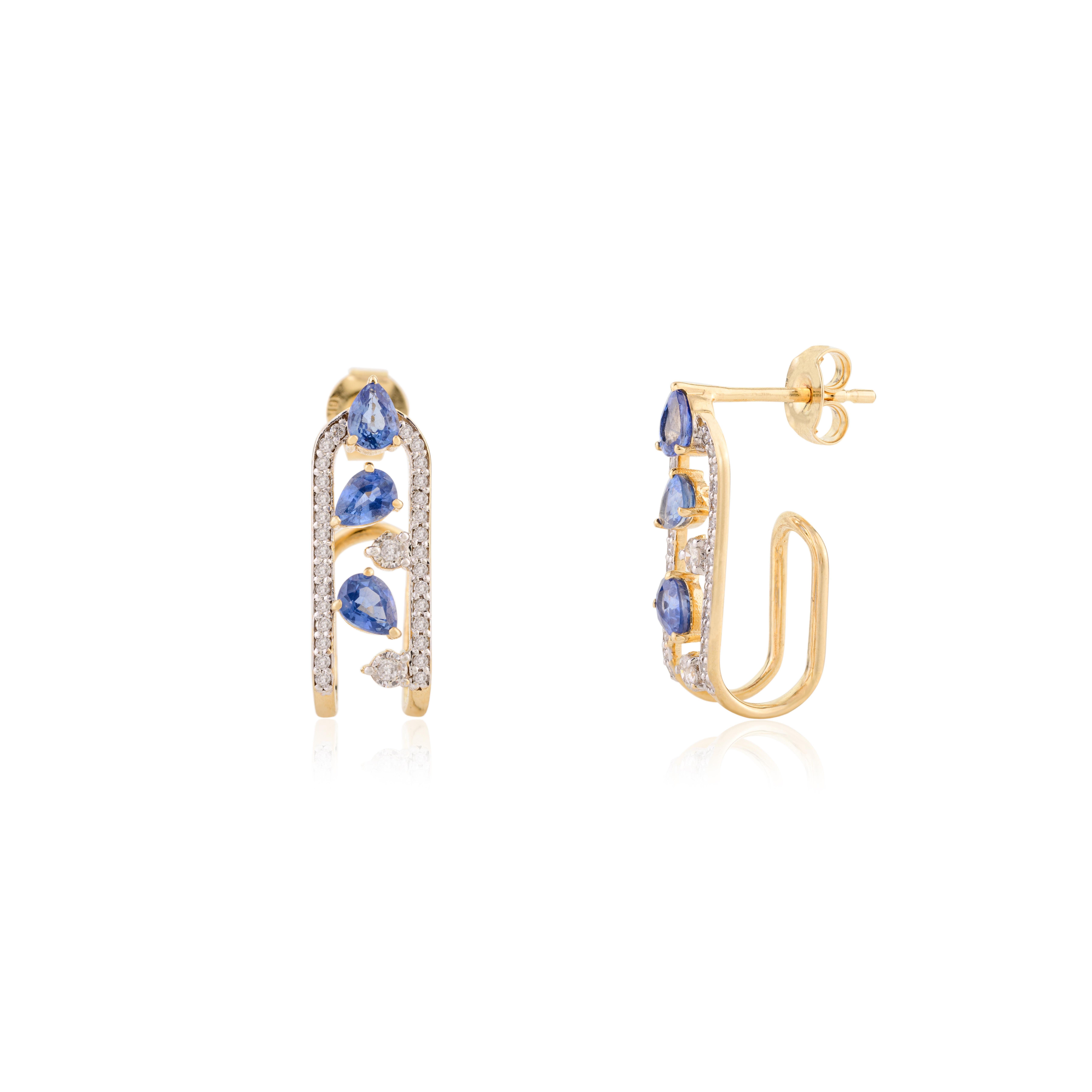 Designer Blue Sapphire U Shape Wedding Earrings with Diamonds in 18k Yellow Gold For Sale 1