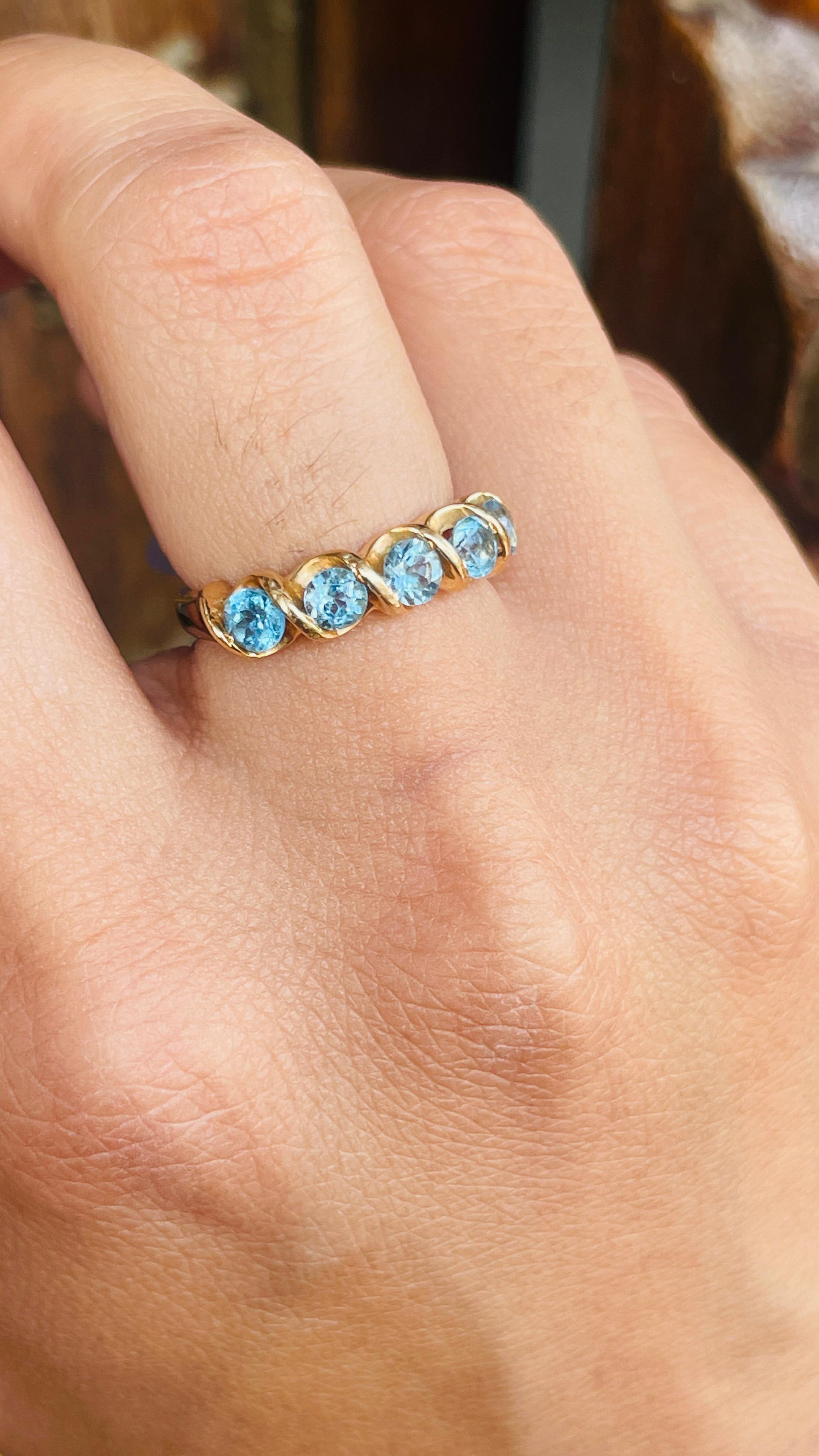 For Sale:  Blue Topaz Band Ring in 14k Solid Yellow Gold, December Birthstone Band 11