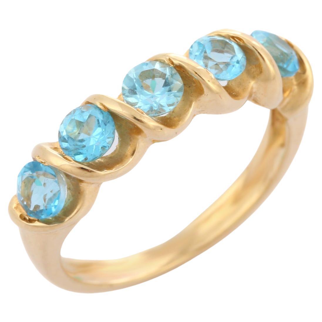 For Sale:  Blue Topaz Band Ring in 14k Solid Yellow Gold, December Birthstone Band