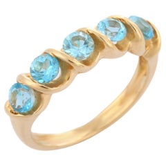 Blue Topaz Band Ring in 14k Solid Yellow Gold, December Birthstone Band