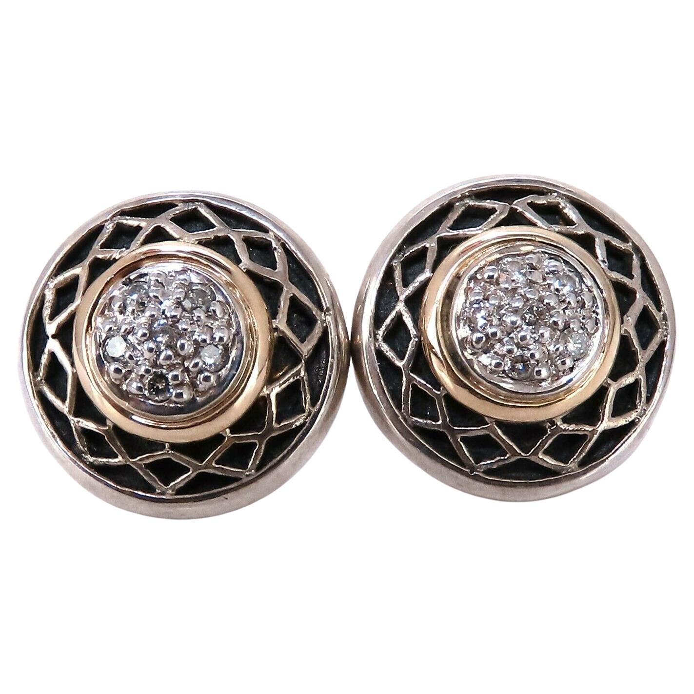 Designer Bordeaux .10ct Natural Diamond Earrings Cross Hatch Deco Silver & 14kt