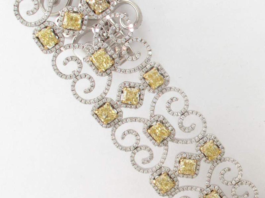 Cushion Cut Designer Bracelet with Fancy Yellow Radiant and Cushion Diamonds.  D21.81ct.t.w. For Sale