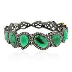 Designer Bangle with Green Emerald and Pave Diamonds Made in 18k Gold & Silver