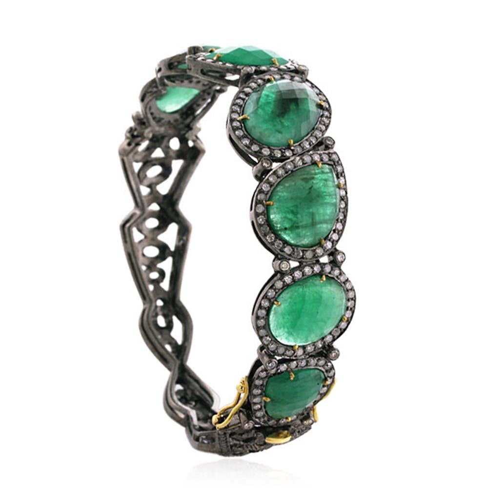 Modern Designer Bangle with Green Emerald and Pave Diamonds Made in 18k Gold & Silver For Sale