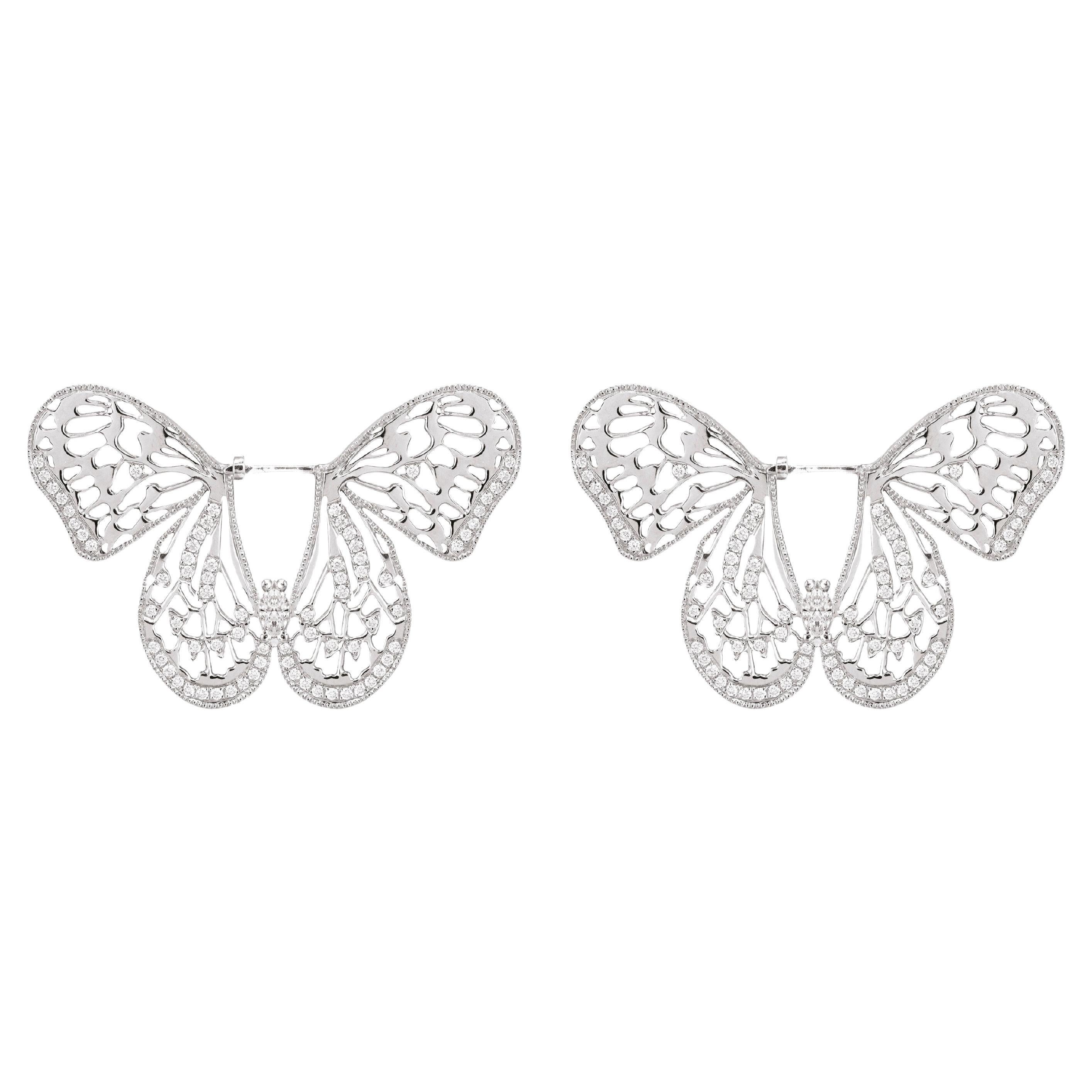 Designer Butterfly Hoop Earrings - 18k white gold and diamonds For Sale