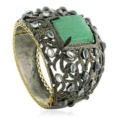 Carved Emerald Center On Floral Pave Diamond And Blue Moonstone Cuff