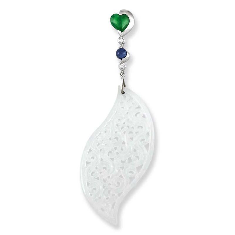 Designer Carved Natural Icy White Jadeite, Green Jadeite & Sapphire Pendant In New Condition For Sale In Littleton, CO