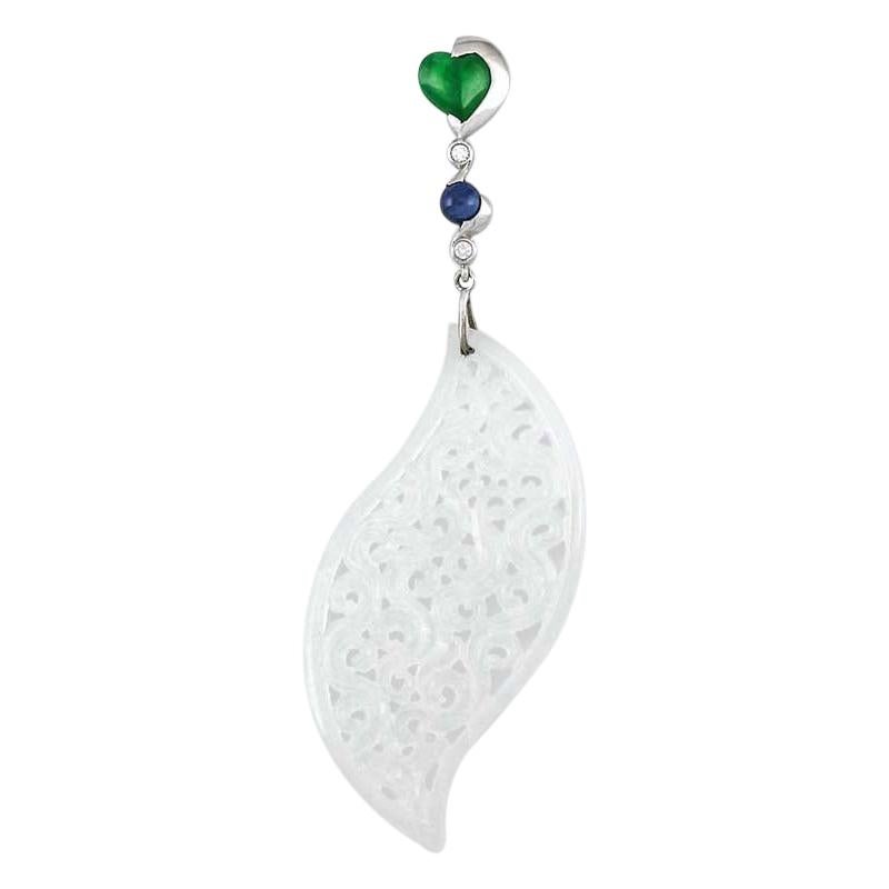 Designer Carved Natural Icy White Jadeite, Green Jadeite & Sapphire Pendant For Sale