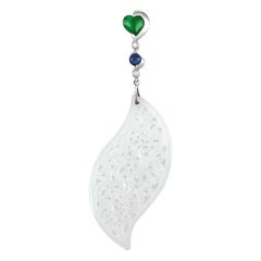 Designer Carved Natural Icy White Jadeite, Green Jadeite & Sapphire Pendant