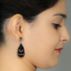 Designer Carved Onyx Drop Earring in Silver and Gold