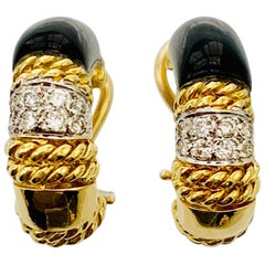 Designer Cassis 18 Karat Yellow Gold, Diamond and Onyx Omega Back Earrings