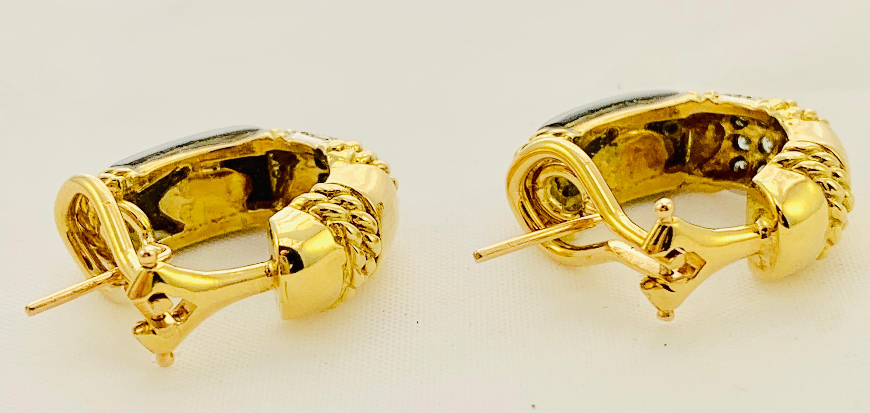 Designer Cassis 18 Karat Yellow Gold, Diamond and Onyx Omega Back Earrings 5