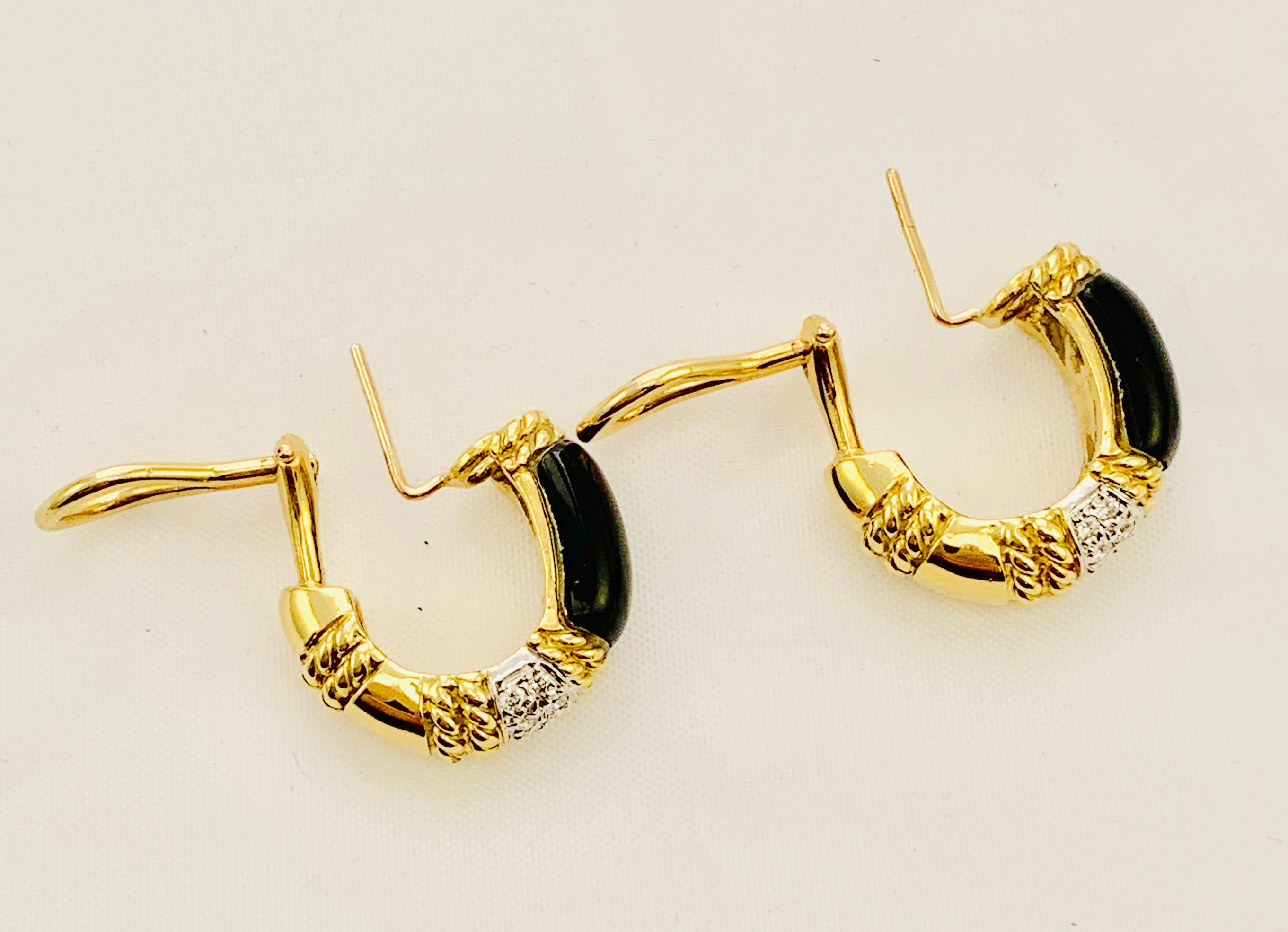 Designer Cassis 18 Karat Yellow Gold, Diamond and Onyx Omega Back Earrings 6