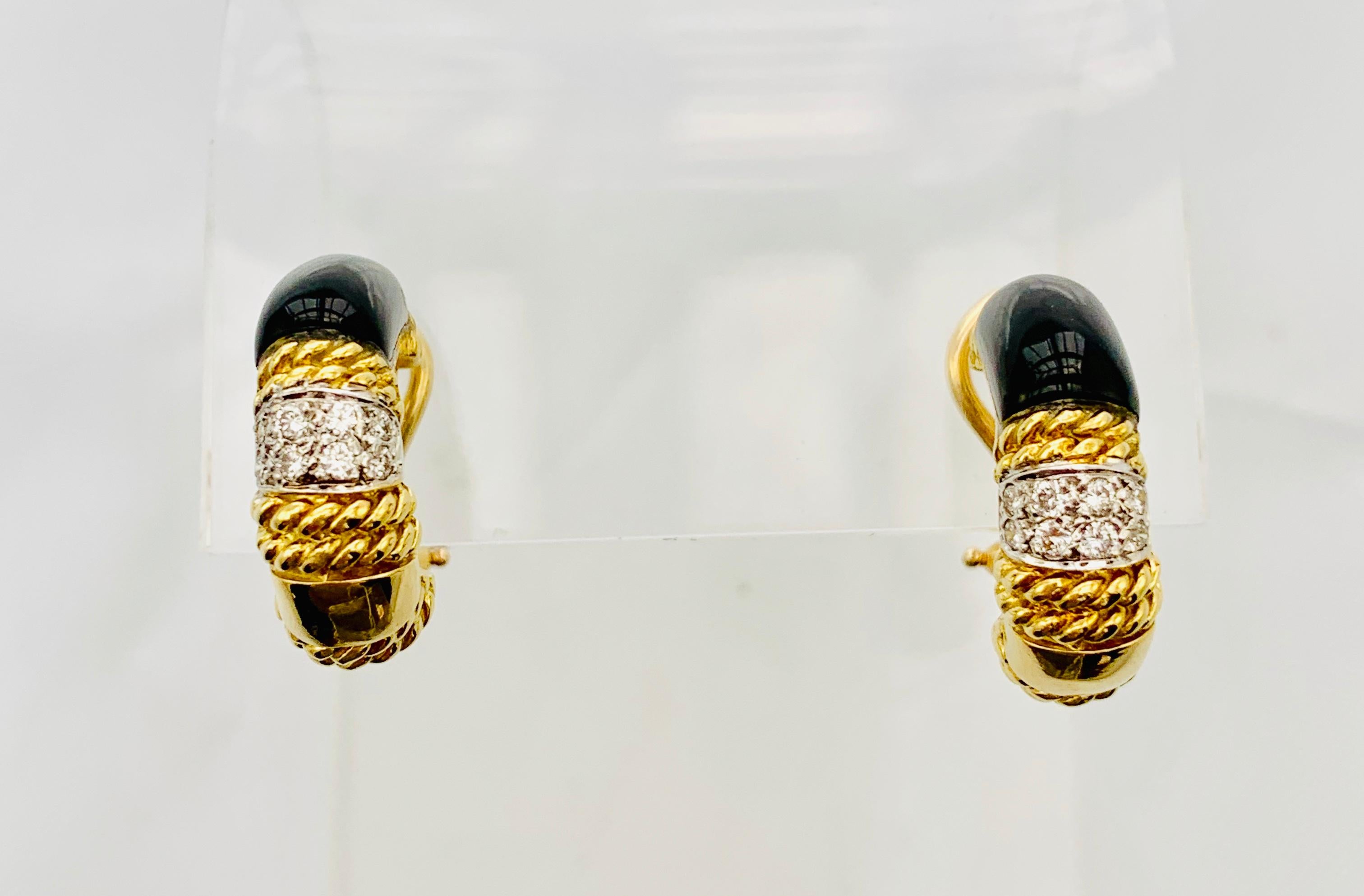 Designer Cassis 18 Karat Yellow Gold, Diamond and Onyx Omega Back Earrings 8