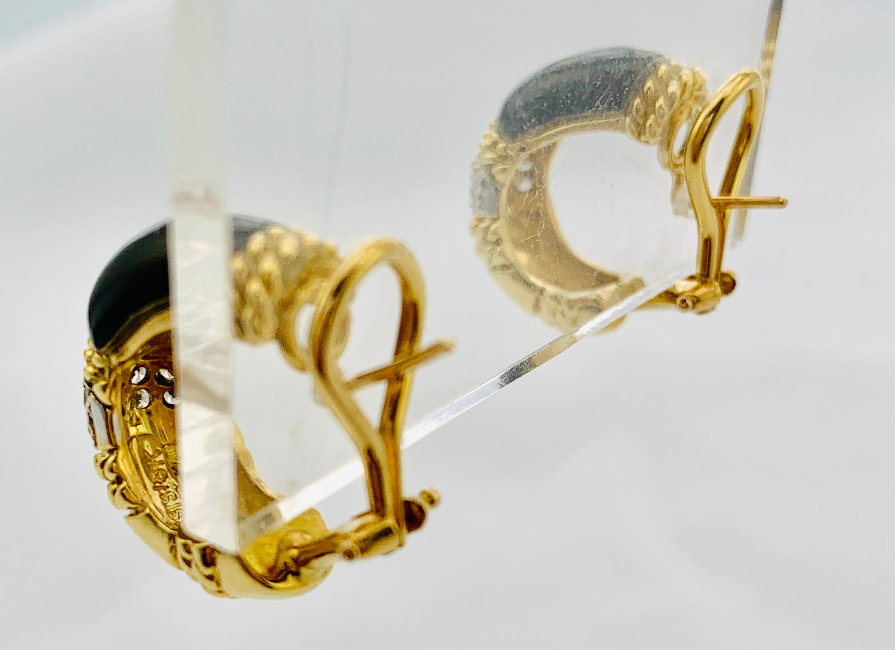 Designer Cassis 18 Karat Yellow Gold, Diamond and Onyx Omega Back Earrings 9