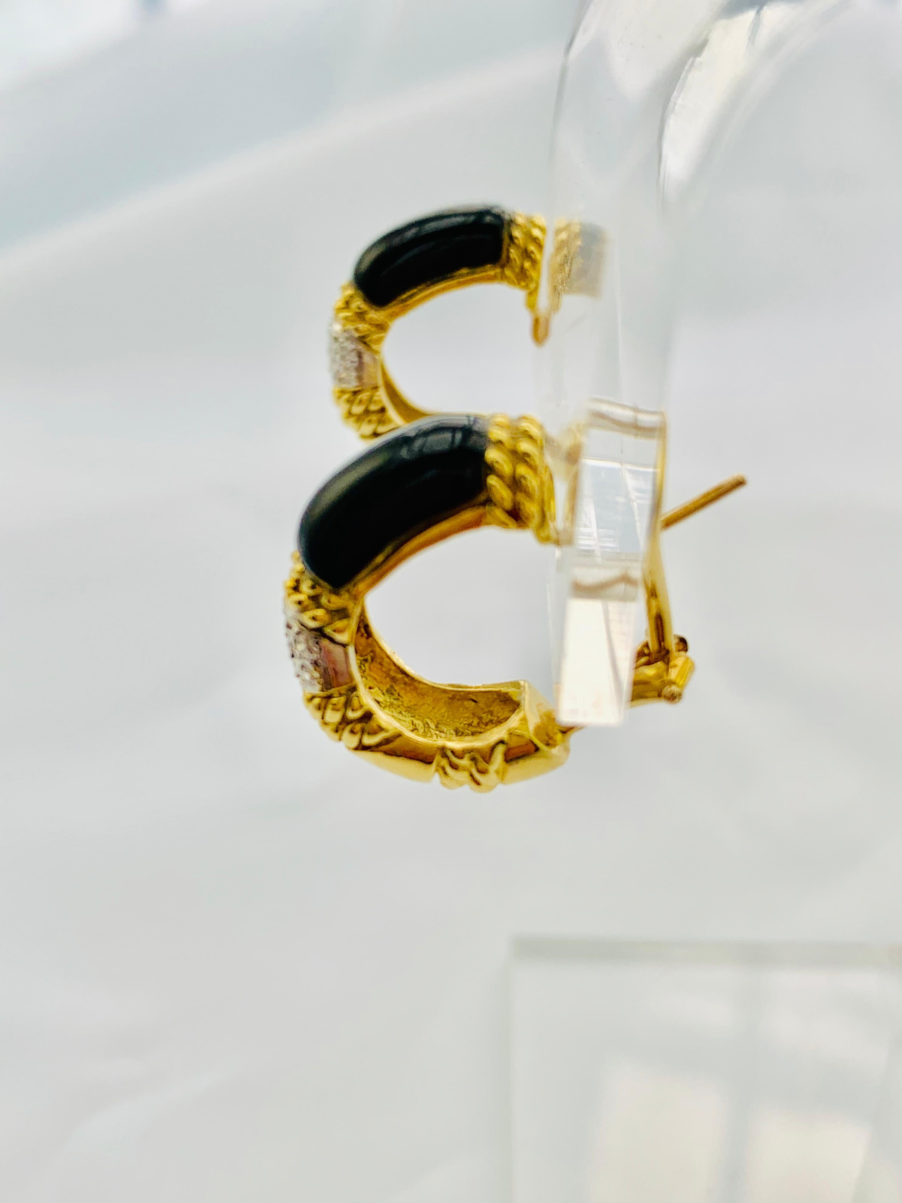 Designer Cassis 18 Karat Yellow Gold, Diamond and Onyx Omega Back Earrings 10