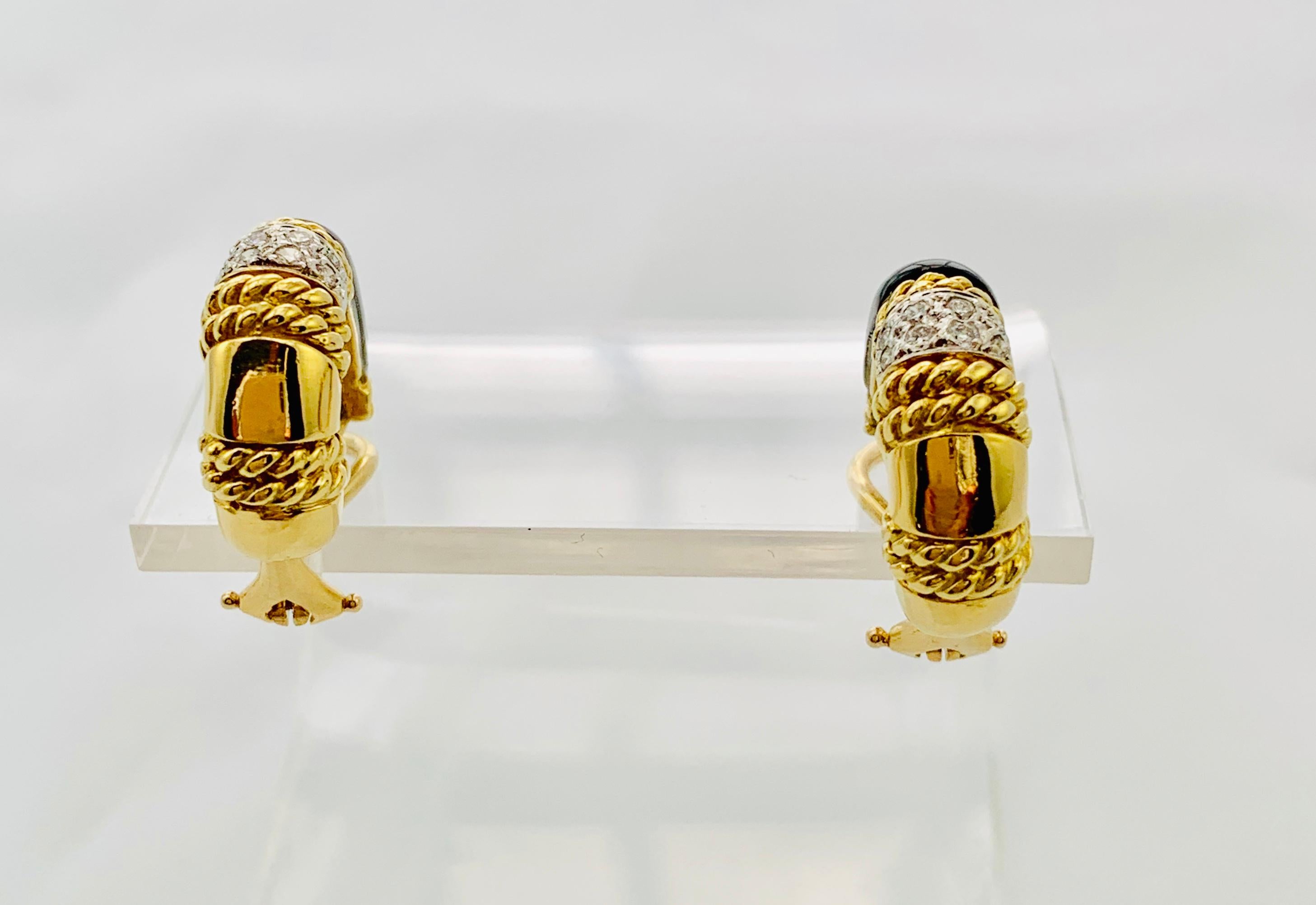 Designer Cassis 18 Karat Yellow Gold, Diamond and Onyx Omega Back Earrings 11
