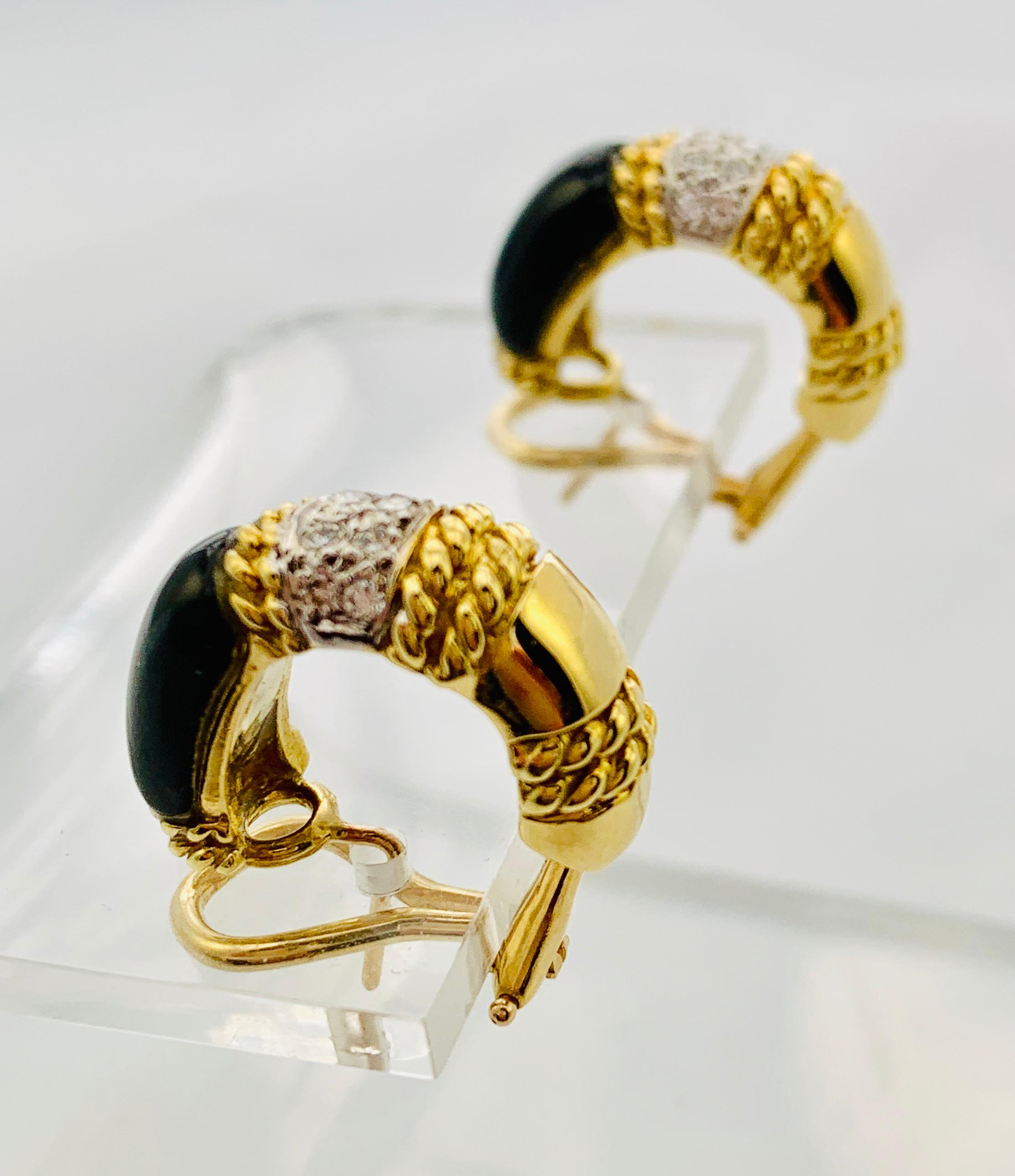 Contemporary Designer Cassis 18 Karat Yellow Gold, Diamond and Onyx Omega Back Earrings