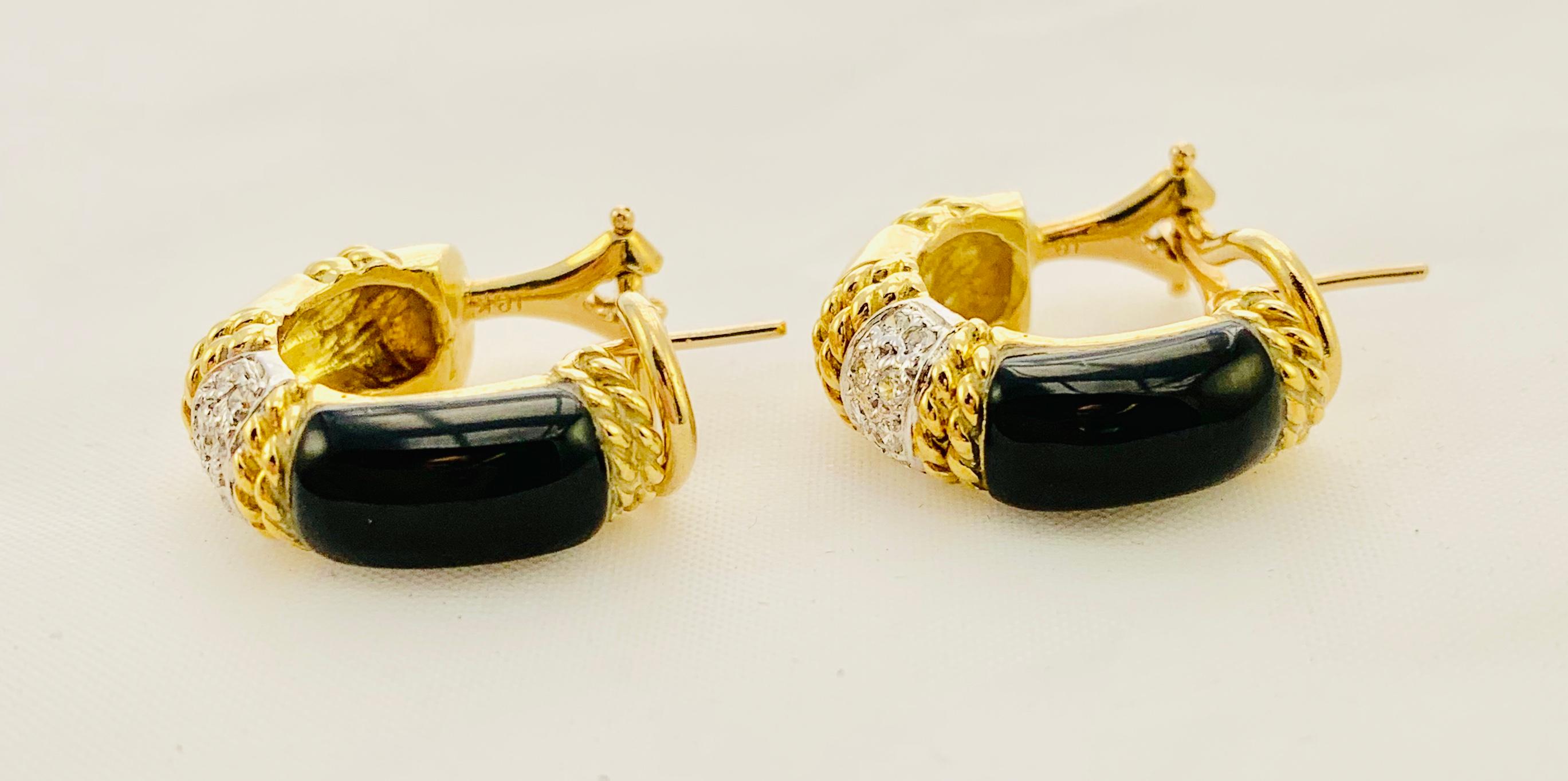 Designer Cassis 18 Karat Yellow Gold, Diamond and Onyx Omega Back Earrings In Excellent Condition In Birmingham, AL