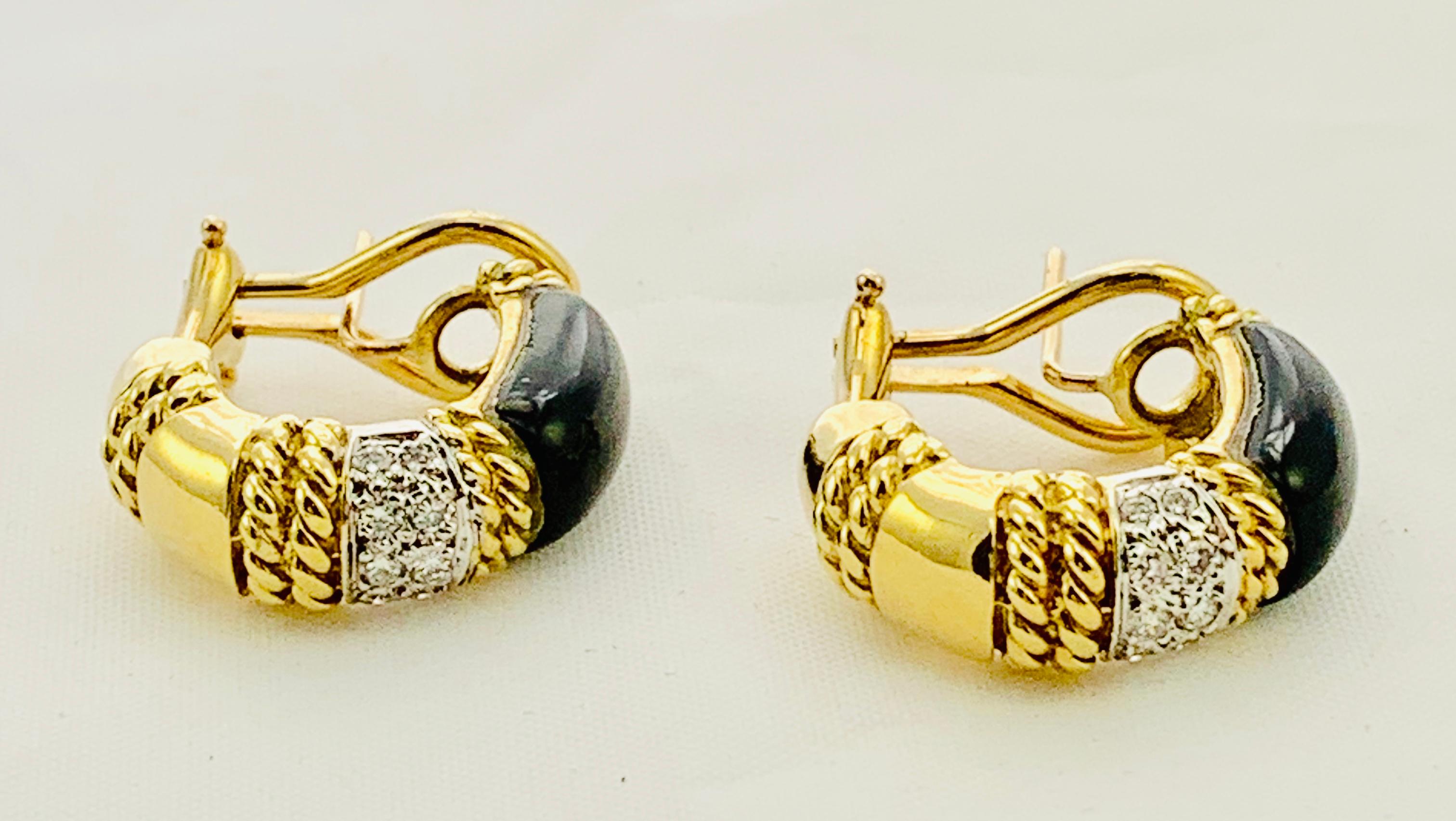Women's Designer Cassis 18 Karat Yellow Gold, Diamond and Onyx Omega Back Earrings